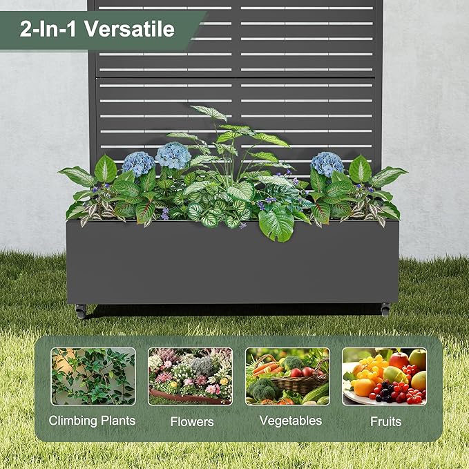 Metal Planter Box with Trellis for Climbing Plants Vegetables Raised Garden Beds with Privacy Screen &amp Wheels Standing Flower Box with Drainage Holes (47 L Black Arch)