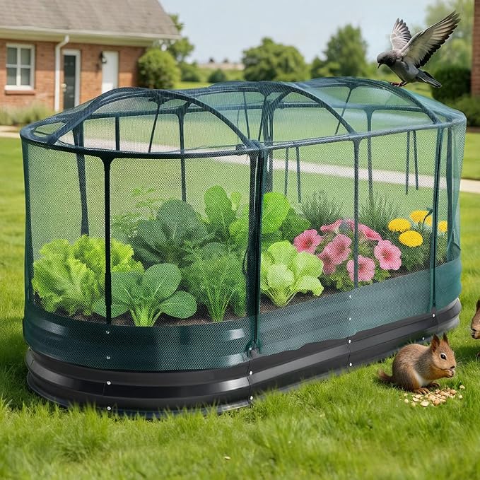 VEVOR 6x3x1FT Metal Raised Garden Bed Kit with Self Watering System and Mesh Cover Oval Outdoor Galvanized Planter Raised Beds for Gardening Planting Flowers Fruits Vegetables
