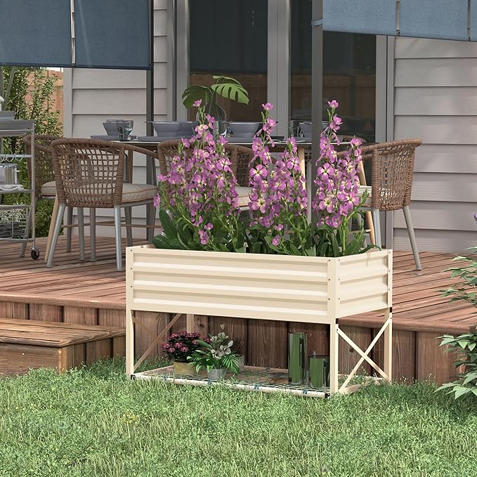 Raised Garden Bed with Galvanized Steel Frame Storage Shelf and Bed Liner Elevated Planter Box with Legs for Vegetables Flowers Herbs Cream