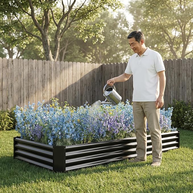 Metal Raised Garden Bed 4x2x1 ft Rectangle Planter Box Rust-Resistant Galvanized Steel with Open Base Design Quick Assembly for Vegetables Flowers and Plants (Black)