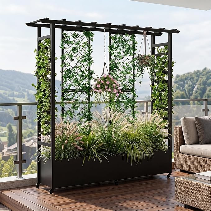 74 Mobile Planter with TrellisWeatherproof Vertical Raise Garden Bed with Trellis &amp Hanging Roof for Climbing PlantsFlowersVegetablesRust-Proof Metal Privacy Planter for Patio (Black-B)