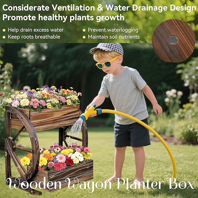 Wooden Wagon Garden Planter Box with Wheels-Indoor/Outdoor Decor for Patio Backyard Balcony-Country Farmhouse Flower Box-2 Tier Rustic Garden Raised Bed for Flowers Herbs Vegetables