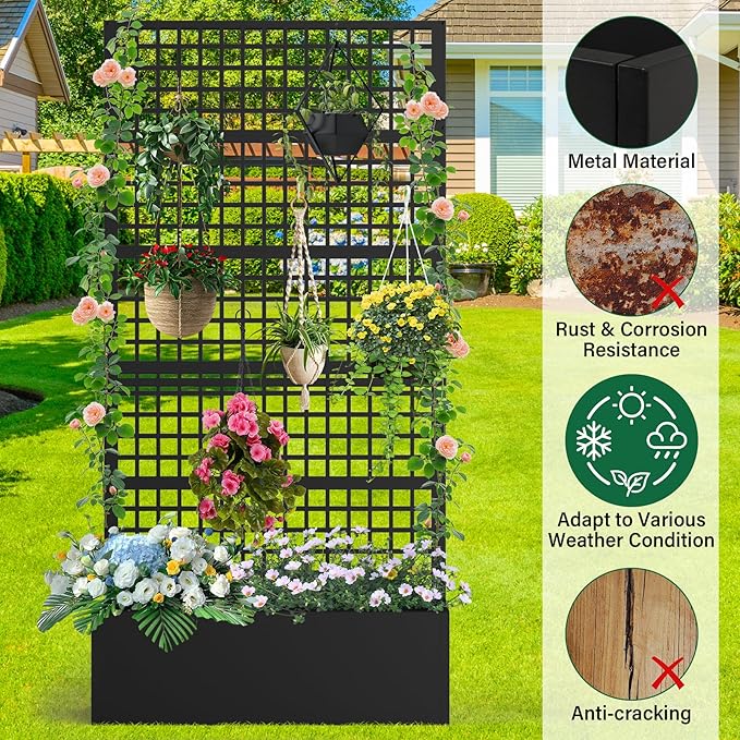 Metal Planter Box with Trellis 36 L x 16 W x 72 H Raised Garden Bed with Privacy Screen Privacy Planters for Climbing Plants Flowers Vegetables Fruits