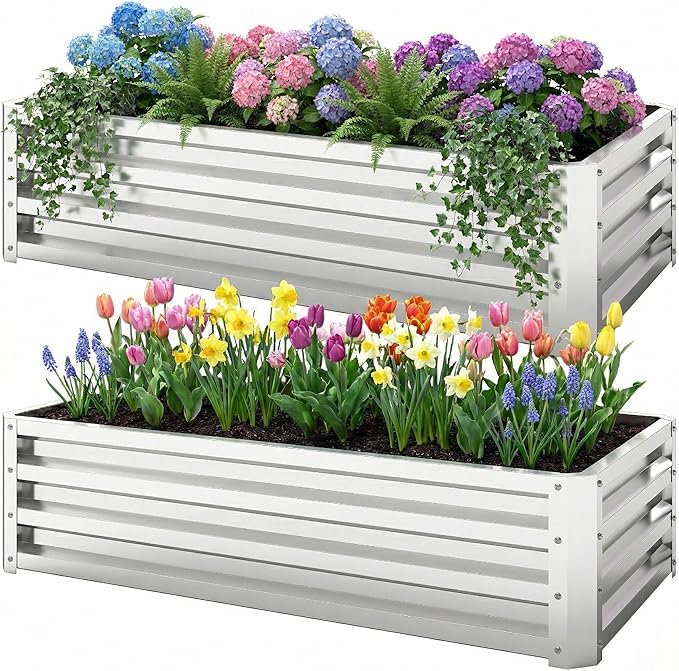 2-Pack Galvanized Raised Garden Bed with PE Greenhouse 47 x 23.5 x 12 Metal Planter Box for Vegetables Flowers Herbs Open Bottom Outdoor Garden Bed for Backyard Silver
