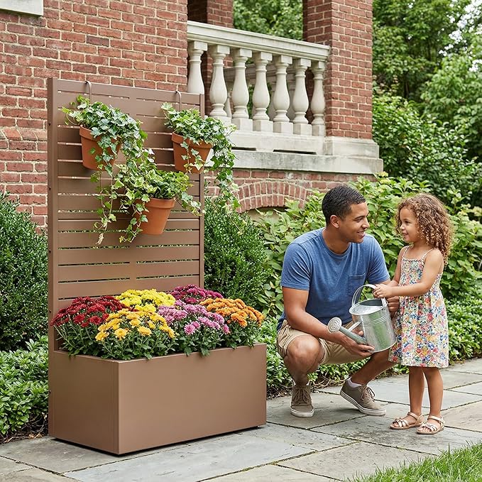 Casaphoria Metal Raised Garden Bed with Trellis 59x30x12 Planter Box for Climbing Plants Vegetables &amp Vines Features Drainage Holes and Privacy Screen (Black-Louvered)