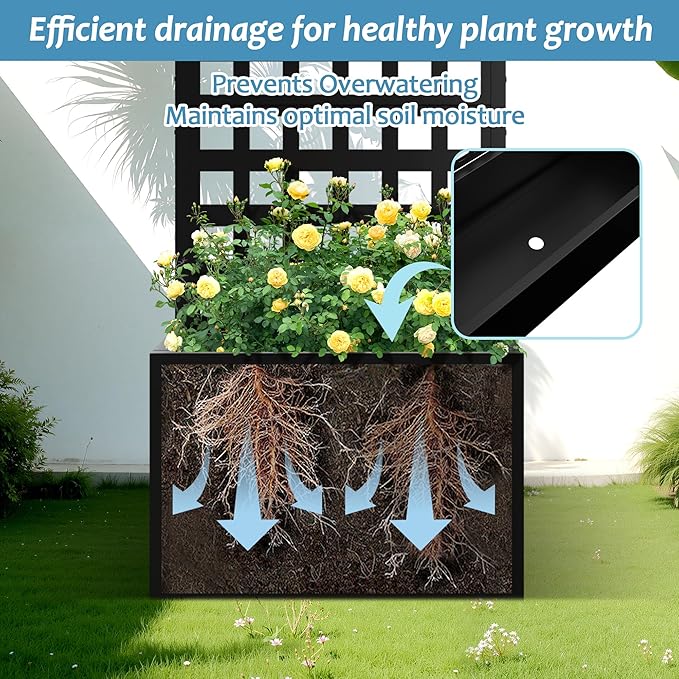 Metal Planter Box with Trellis Raised Garden Bed with Privacy Screen Outdoor Standing Flower Beds with Drainage Hole for Climbing Plants Vine 23 L x 12 W x 63 H Black