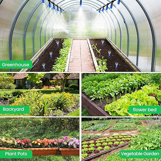 MIXC 65FT Greenhouse Watering System- Quick Efficient Connector Hanging Plant Watering System Automatic Mist Irrigation Kit with 1/4 Blank Tubing and Misting Nozzles