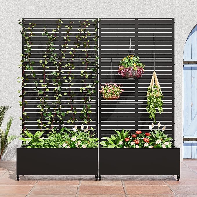 Casaphoria Metal Raised Garden Bed with Trellis and Wheels 72x35x16 Planter Box for Climbing Plants Vegetables &amp Vines Features Drainage Holes and Privacy Screen (Black-Louvered)