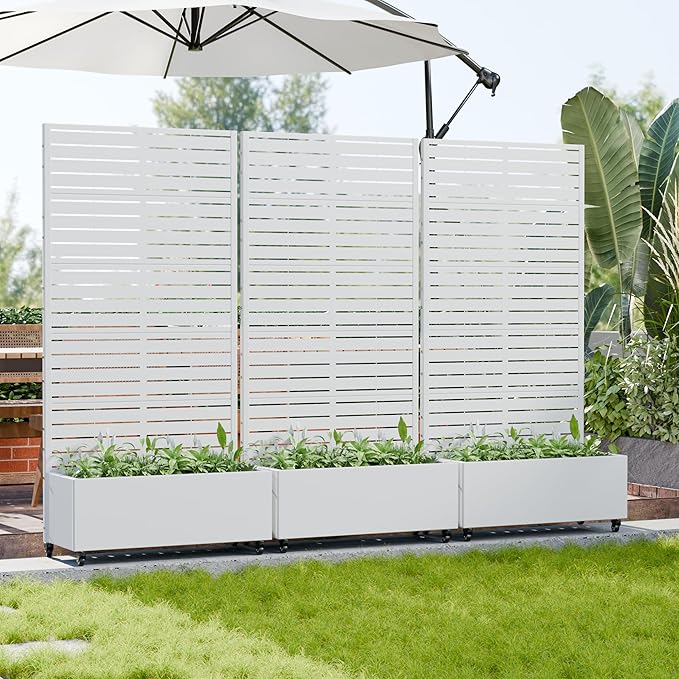 Casaphoria 72x35 Metal Raised Garden Bed with Trellis(2 Pack) Outdoor Planter Box with Wheels &amp Drainage Holes for Climbing Plants Flowers Elevated Garden Kit with Privacy Screen White-Louve