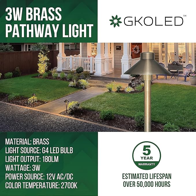 GKOLED 4 Pack Brass Landscape Spotlights (MR16 Bulbs Included) with 2 Pack Brass Landscape Path Lights (G4 Bulbs Included) with 1 Pack 120W Low Voltage Transformer