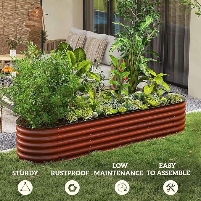 8' x 2' x 1.4' Galvanized Raised Garden Bed Kit Outdoor Metal Elevated Planter Box with Safety Edging Easy DIY Stock Tank for Growing Flowers Herbs Vegetables Brown