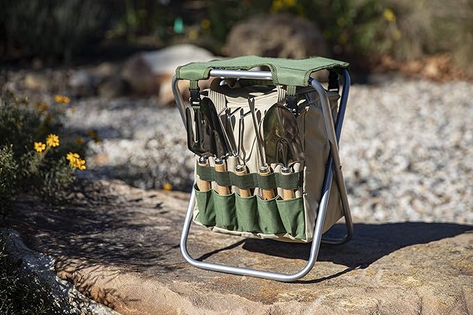 Picnic TIME Star Wars Darth Vader Gardener Folding Seat with Tools Folding Garden Stool with Detachable Tote and Hand Tool Set Organizer Portable Gardening Chair (Olive Green with Beige Accents)