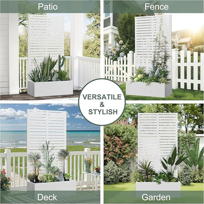 Metal Planter Box with Trellis for Patio 35 L×16 W×71 H Raised Garden Bed with Trellis Privacy Screen Planter Box for Climbing Plants Outdoor (White Blinds)