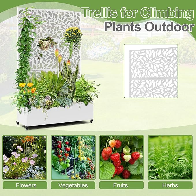 Raised Garden Bed with Trellis and Wheels73x47x16 Metal Raised Garden BedWhite Flowing Leaf-2 Metal Planter with Climbing Trellis for Vines &amp Vegetables