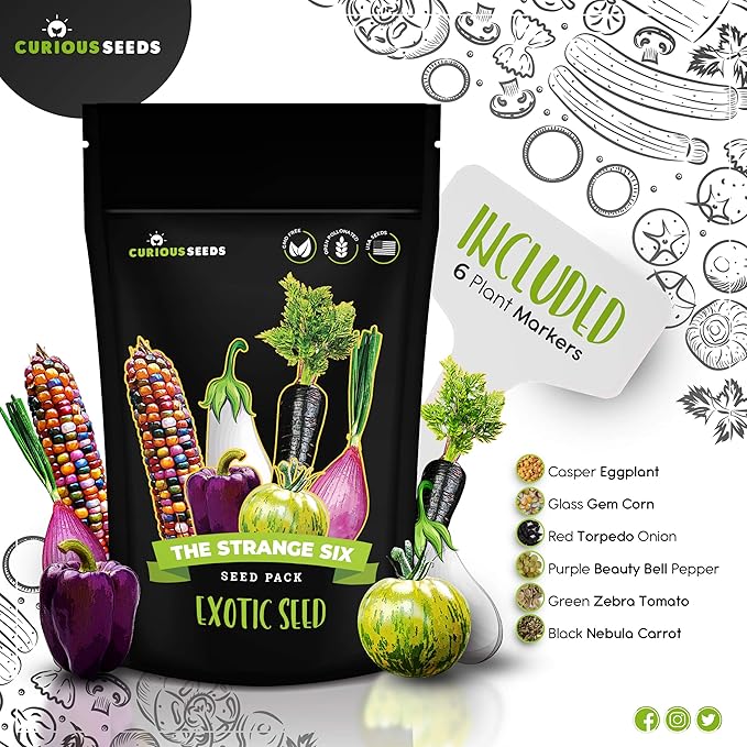 Exotic Vegetable Seeds Variety Pack - 6 Curious Garden Varieties to Grow Non GMO Open Pollinated Heirloom and Untreated for Planting Unique Gardening Gift for Indoors and Outdoors