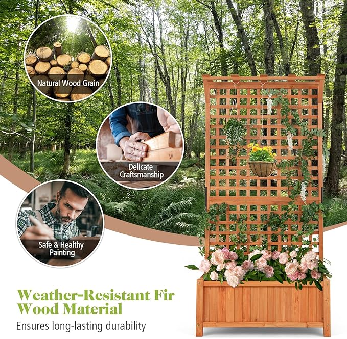 COSTWAY Raised Garden Bed with Trellis Indoor &amp Outdoor Wooden Planter Box with Hanging Roof Drainage Holes Freestanding Vertical Planter for Vines Climbing Plants Flowers Vegetables