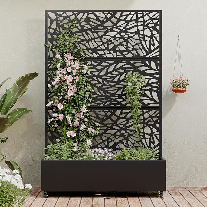 Casaphoria Metal Raised Garden Bed with Trellis and Wheels 72x 47x 16 Planter Box for Climbing Plants Vegetables &amp Vines Features Drainage Holes and Privacy ScreenBlack(Black-Spring&ampNet