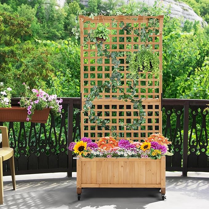 Topeakmart Garden Flower Box for Vine Climbing Plants Standing Vertical Planter Box Wooden Raised Plant Bed Vertical Garden Planter Bed for Yard/Patio/Backyard