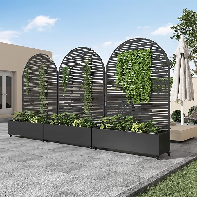 Casaphoria 72x47 Metal Raised Garden Bed with Trellis(2 Pack) Outdoor Planter Box with Wheels &amp Drainage Holes for Climbing Plants Flowers Elevated Garden Kit with Privacy Screen Black-Shine