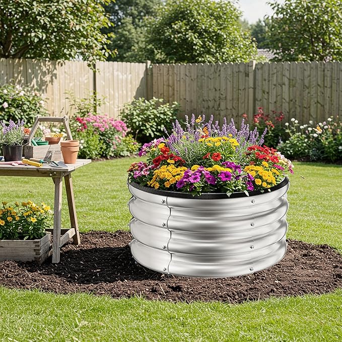 ZXZYHFTY Round Galvanized Raised Garden Bed kitSilver Outdoor Garden Raised Planter Box Round Large Metal Raised Garden Beds for Vegetable 2 * 2 * 1ft 2 Pcs