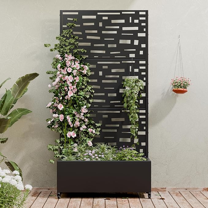 Casaphoria Metal Raised Garden Bed with Trellis and Wheels 72x35x16 Planter Box for Climbing Plants Vegetables &amp Vines Features Drainage Holes and Privacy Screen (Black-Gerald)