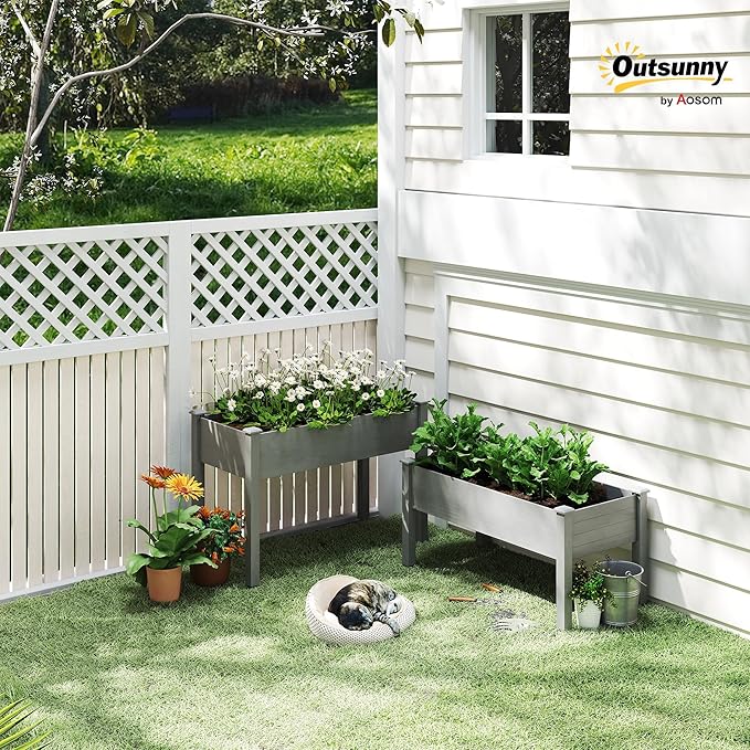 Outsunny 2 Tier Raised Garden Bed Elevated Wooden 2 Box Planter Gardening Grow Stand Planting Bed for Flowers Vegetables Herb Gray