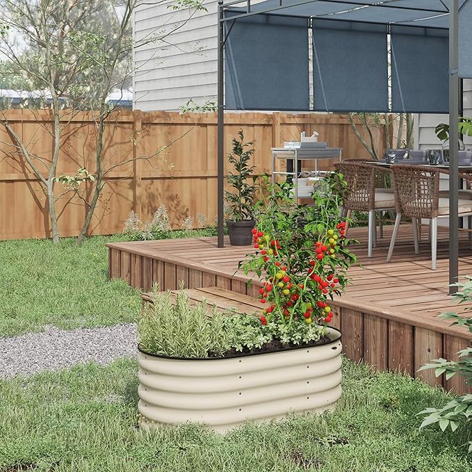 3.5' x 2' x 1.4' Galvanized Raised Garden Bed Kit Outdoor Metal Elevated Planter Box with Safety Edging Easy DIY Stock Tank for Growing Flowers Herbs Vegetables Cream