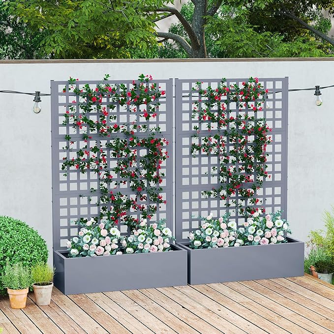 Outsunny Galvanized Raised Garden Bed with Trellis Metal Planter Box with Drainage Holes Outdoor Privacy Screen for Climbing Plants Vegetable Vines 43 x 16 x 70 2 Pack Gray Wood Effect