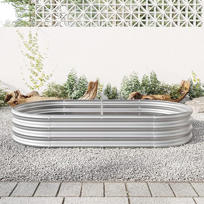 Raised Garden Bed Outdoor Oval Large Metal Raised Planter Bed for for Plants Vegetables and Flowers - Silver