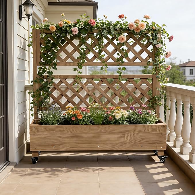 Raised Garden Bed with Wheels Outdoor Large Garden Planter Box Tomato Flower Pots with Standing Diamond Lattice Trellis for Vegetables Vines Herbs Fruits &amp Climbing Plants (Grid Upright Trellis)