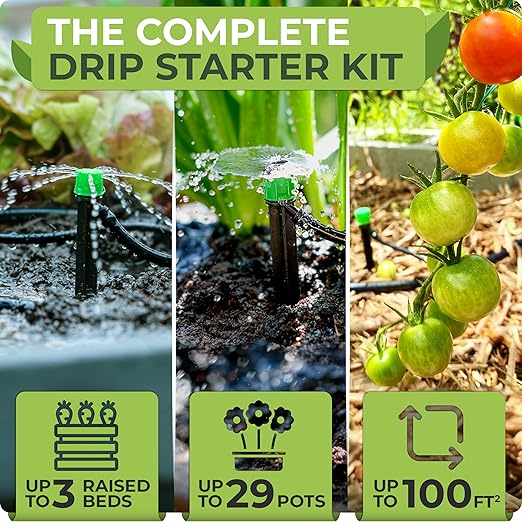 CARPATHEN Drip Irrigation System Kit - Complete Premium Garden Watering System with Adjustable Sprinkler Emitters 5/16 &amp 1/4 Tubing and Fittings - Drip Line for Raised Beds Lawn Pots Greenho