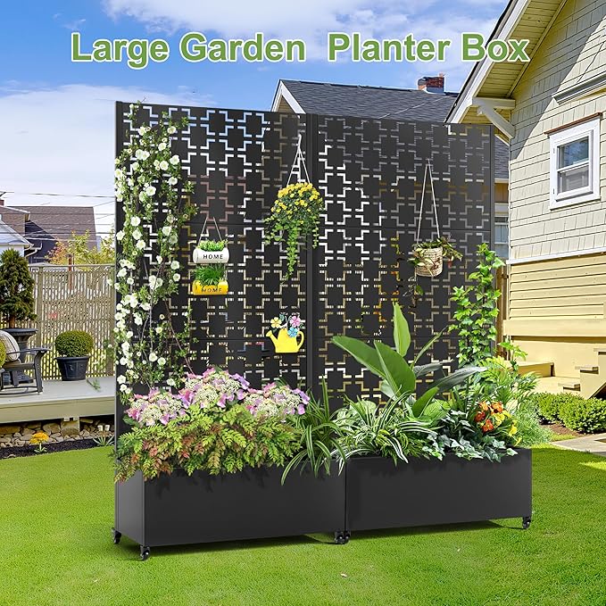 Raised Garden Bed with Trellis and Wheels73x35x16 Metal Raised Garden BedBlack Squared Metal Planter with Climbing Trellis for Vines &amp Vegetables