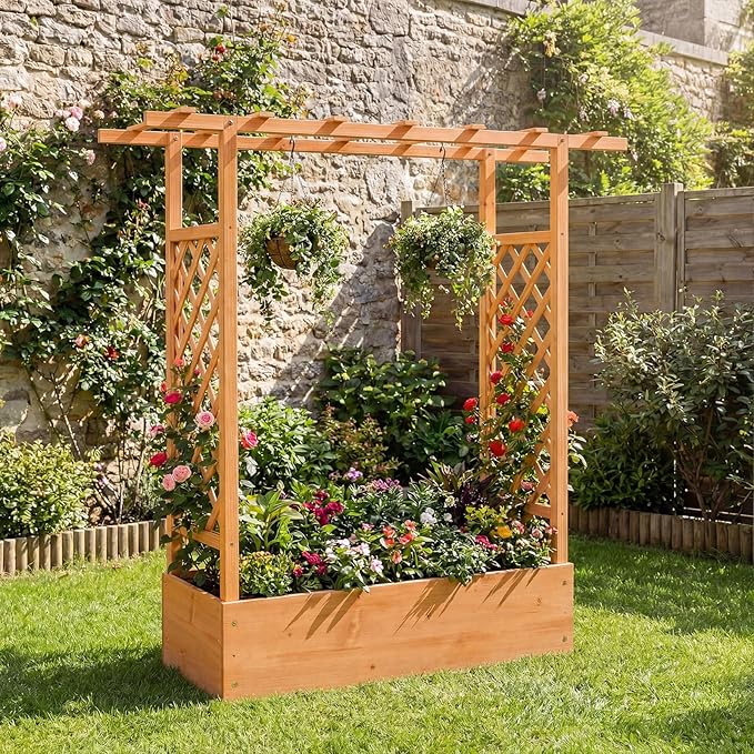 HAPPYGRILL Raised Garden Bed with Trellis &amp Hanging Roof 45 Tall Wooden Planter Box with Drainage Holes Outdoor Wood Elevated Garden Bed for Climbing Plants Vines Vegetables Flowers (Orange2)