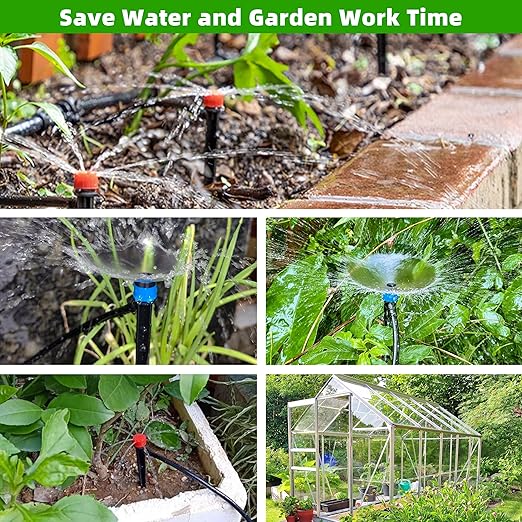 240FT DIY Automatic Drip Irrigation System Kits for Garden Plant Watering Misting System for Greenhouse Patio Lawn with Adjustable Drip Emitters 5/16 and 1/4 Irrigation Tubing Connectors Fittings