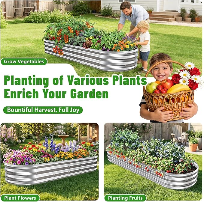 Oval Raised Garden Bed 5 x 2 x 1FT Galvanized Steel Planter Box with Wave-Shaped Metal Panels for Outdoor FlowerTreeHerb &amp Vegetable Garden (Silver 72X24X12 inches)