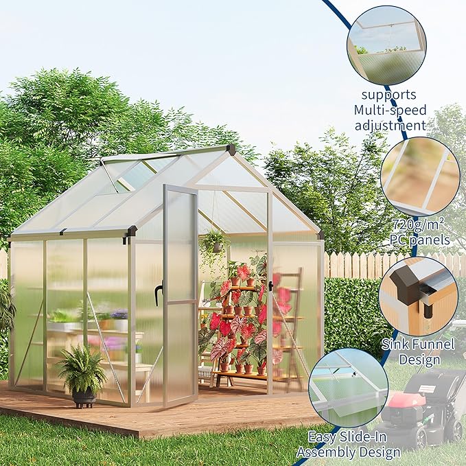 6X6 FT Greenhouse for Outdoors Large Walk-in Polycarbonate Greenhouse Kit Aluminum Frame Lockable Door Roof Vent Ground Spikes for Garden Patio Backyard Outdoor Plant Growth