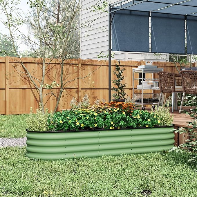 6.5' x 2' x 1.4' Galvanized Raised Garden Bed Kit Outdoor Metal Elevated Planter Box with Safety Edging Easy DIY Stock Tank for Growing Flowers Herbs Vegetables Green