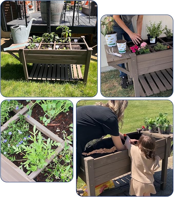 Raised Garden Bed Outdoor with Wheels 52.7 Elevated Wooden Garden Bed with 8 Planter Boxes Removable Dividers Storage Shelf Standing Mobile Planter with Non-Woven Liner