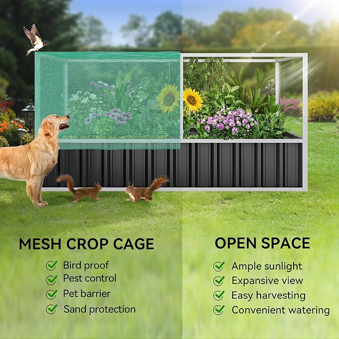 YITAHOME 5.7x3x2.3FT Large Raised Garden Bed with Anti Bird Protection Netting Structure Outdoor Steel Metal Patio Planter Box with Gloves &amp Reinforced Frame for Plants Vegetables Flowers (Dark G
