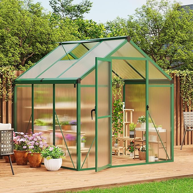 6X6 FT Greenhouse for Outdoors Large Walk-in Polycarbonate Greenhouse Kit Aluminum Frame Lockable Door Roof Vent Ground Spikes for Garden Patio Backyard Outdoor Plant Growth