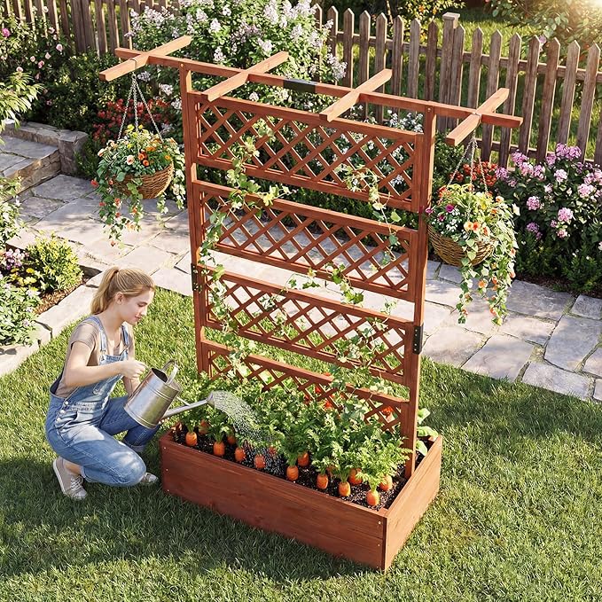Giantex Raised Garden Bed with Trellis 72'' Wooden Planter Box Outdoor w/Privacy Screen Roof Large Vertical Garden Planter w/Drainage Holes for Climbing Plants Patio Balcony Backyard