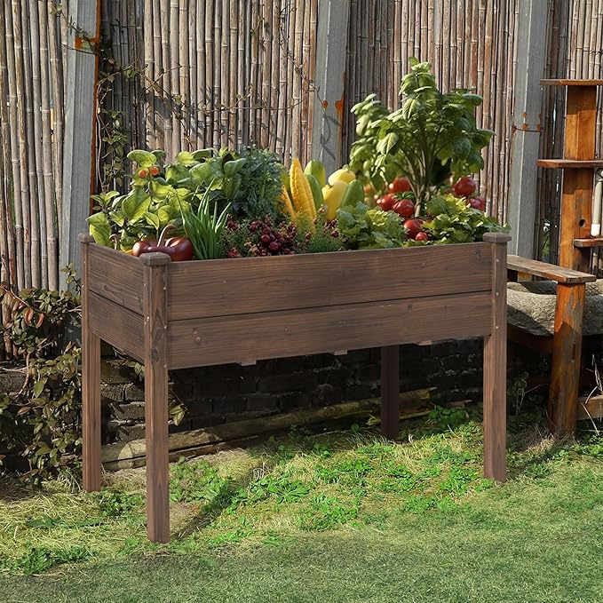 48x24x30 in Raised Garden Bed with Legs Outdoor Elevated Wood Planted Box with Liner &amp Drainage Hole for Vegetable Flower Backyard and Patio Rustic