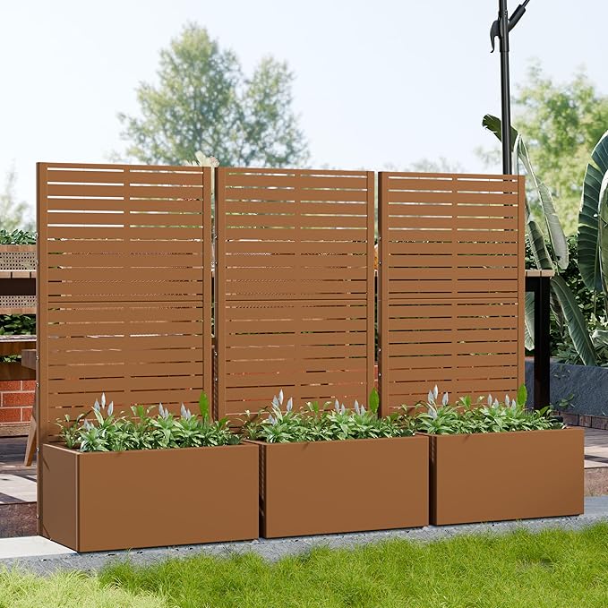 Casaphoria 60x30 Metal Raised Garden Bed with Trellis(2 Pack) Outdoor Planter Box with Wheels &amp Drainage Holes for Climbing Plants Flowers Elevated Garden Kit with Privacy Screen Brown-Louve