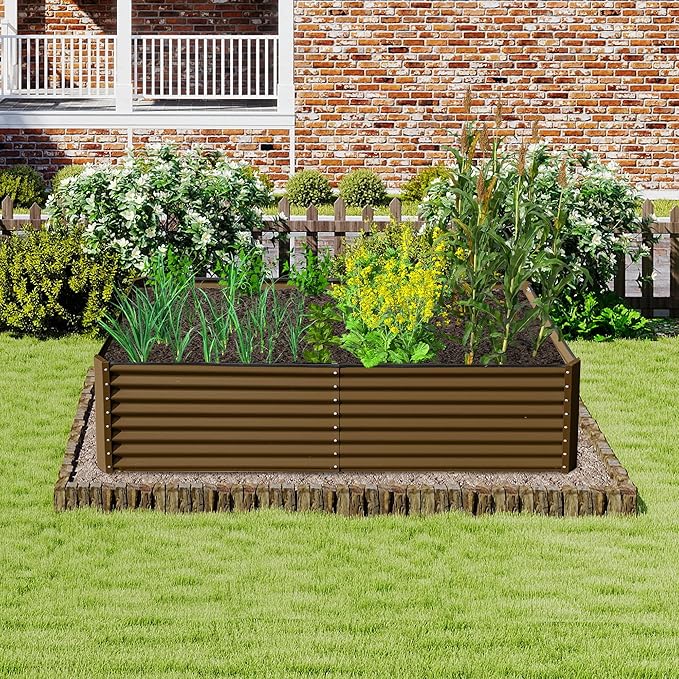 Domi 8x4x2ft Metal Raised Garden Beds Outdoor Thickened Galvanized Steel Deep Root Planter Box with Stabilizing Bars &amp Rubber Edging for Vegetables Flowers Herbs - Brown