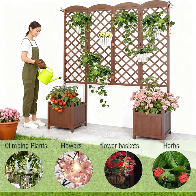 Planter Box with Trellis72in Tall Outdoor Wooden Raised Garden Bed with TrellisPatio Balcony Garden Privacy Planter Box for Climbing PlantsFruitsVegetablesFlowersDark Brown