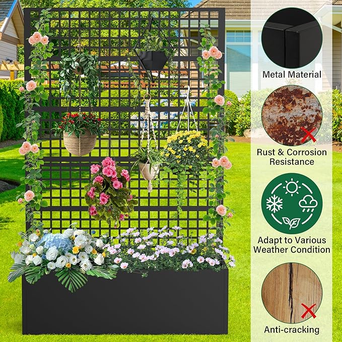 Metal Planter Box with Trellis 47 L x 16 W x 72 H Raised Garden Bed with Privacy Screen Privacy Planters for Climbing Plants Flowers Vegetables Fruits