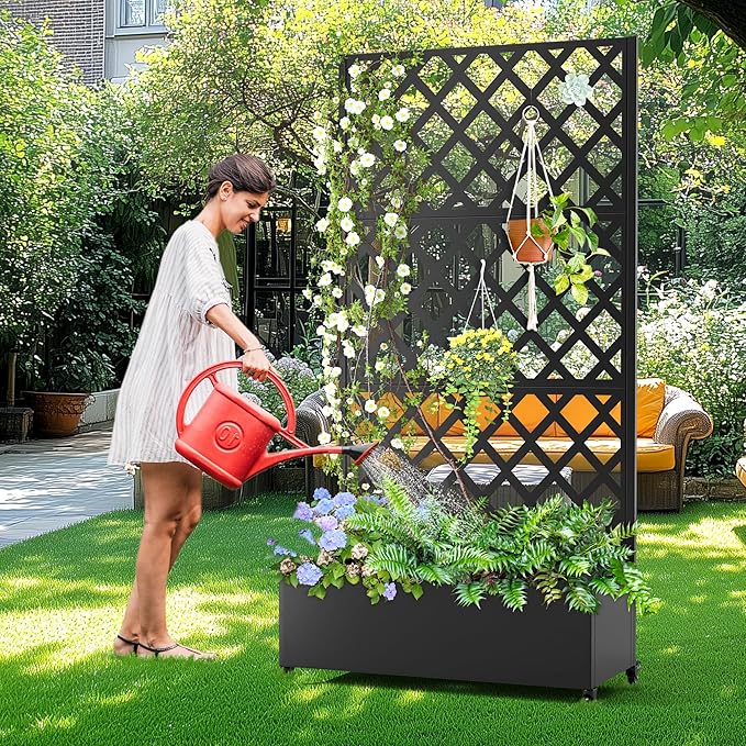 Metal Planter Box with Trellis Raised Garder Bed with Drainage Hole Privacy Screen &amp Trellis for Climbing Plants Outdoor Plant Stands 35''L×17''W×73''H Black