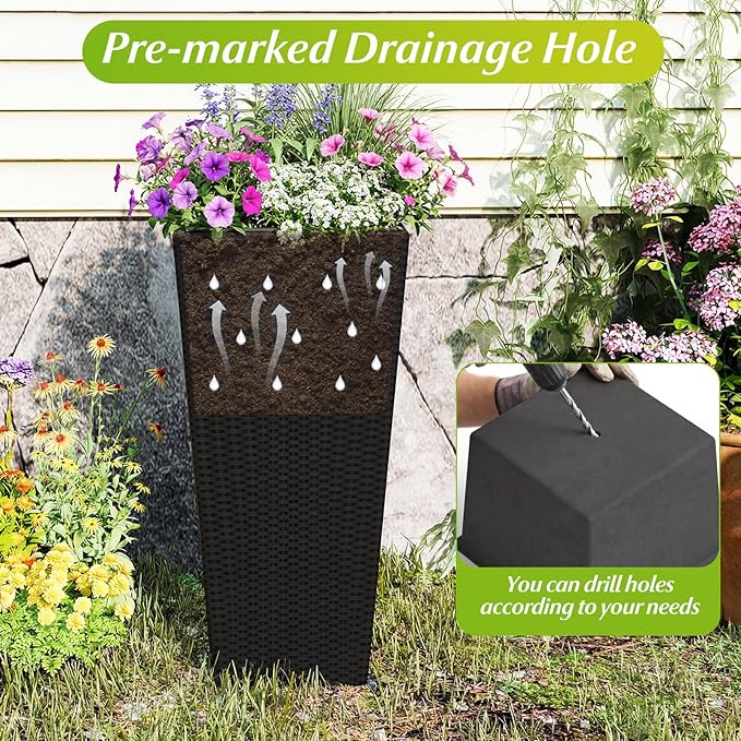 Giantex 3 Pack Tall Planters 30-22-18.5 H Tapered Rattan Planter with Detachable Inner Boxes Weather Resistant Indoor Outdoor Standing Wicker Flower Pots for Front Porch Patio Balcony (Black)