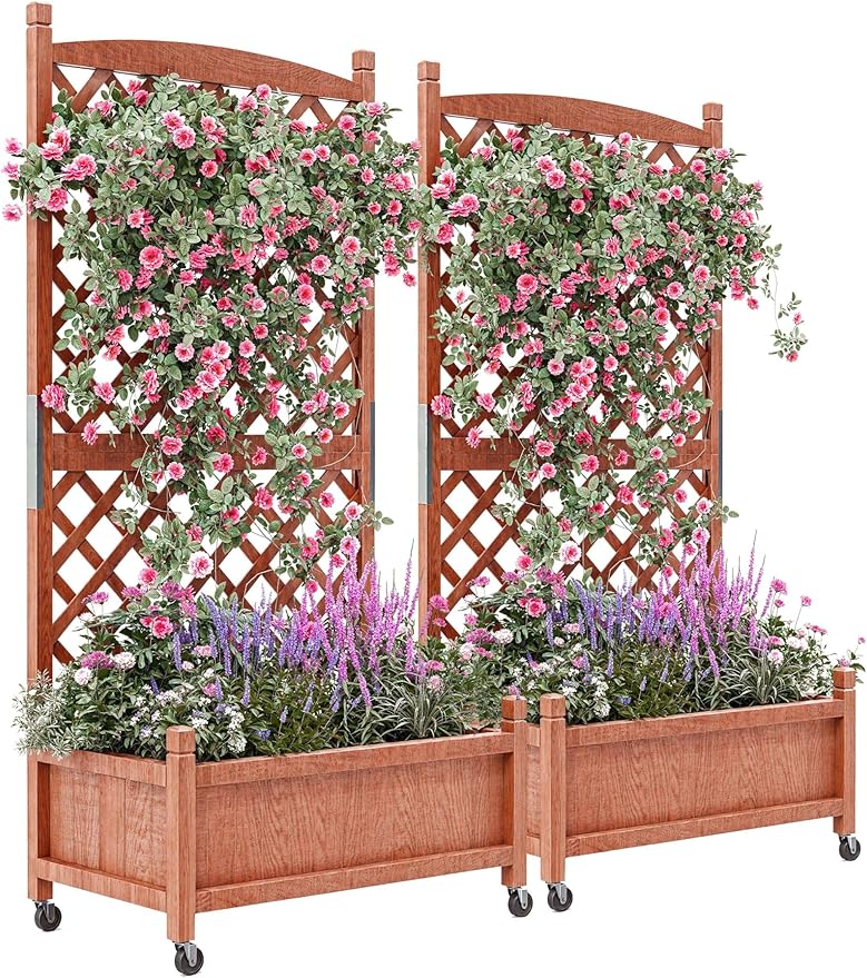 29.5 in x13 in x61.5 in Wooden Planter Box with Trellis &amp Locking Wheels - Elevated Garden Bed with Drainage for Plants/Flowers - Easy Assembly for Yard Balcony or Indoor Gardening 2 PCS