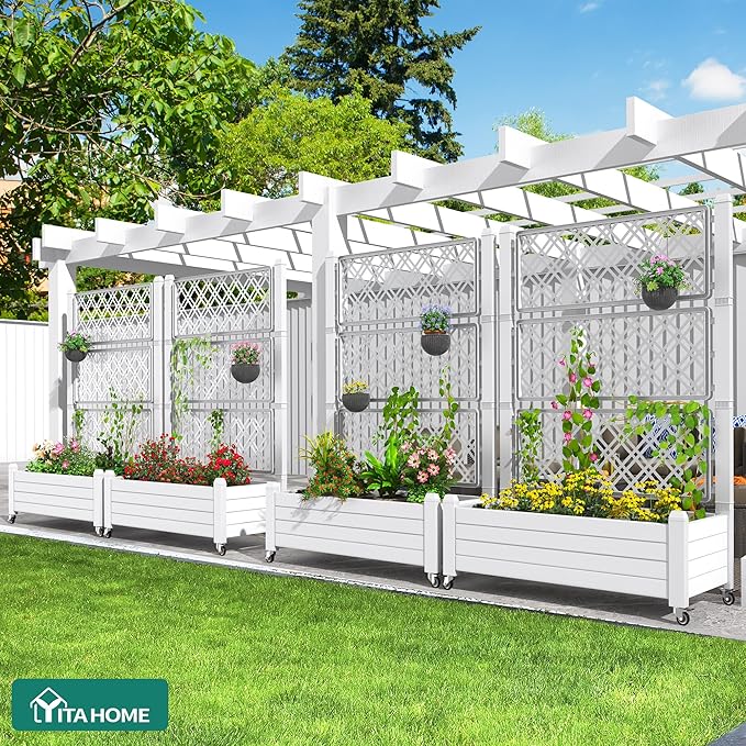 YITAHOME 43.3x17.7x61 in Planter Boxes Outdoor with Trellis 2pcs Resin Raised Garden Bed with Wheels &amp Drain Plug for Climbing Plants White